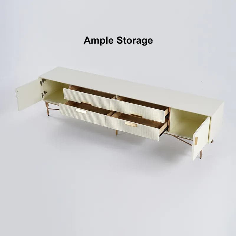 Meuble TV moderne blanc cassé, console multimédia rectangulaire pour téléviseurs de 85 pouces avec 4 tiroirs et portes