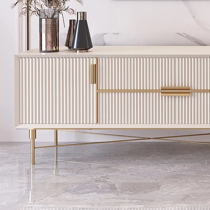 Meuble TV moderne blanc cassé, console multimédia rectangulaire pour téléviseurs de 85 pouces avec 4 tiroirs et portes