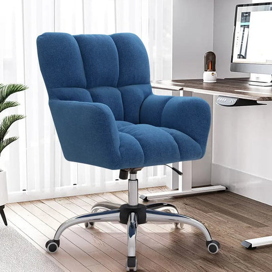 Modern Office Chair Upholstered Cotton & Linen Swivel Task Chair Height Adjustable#Blue