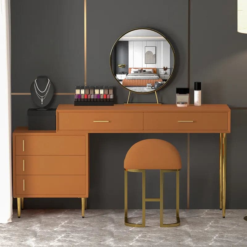 Modern Orange Makeup Vanity Set Retracted Dressing Table Cabinet Stool and Mirror Included#Orange