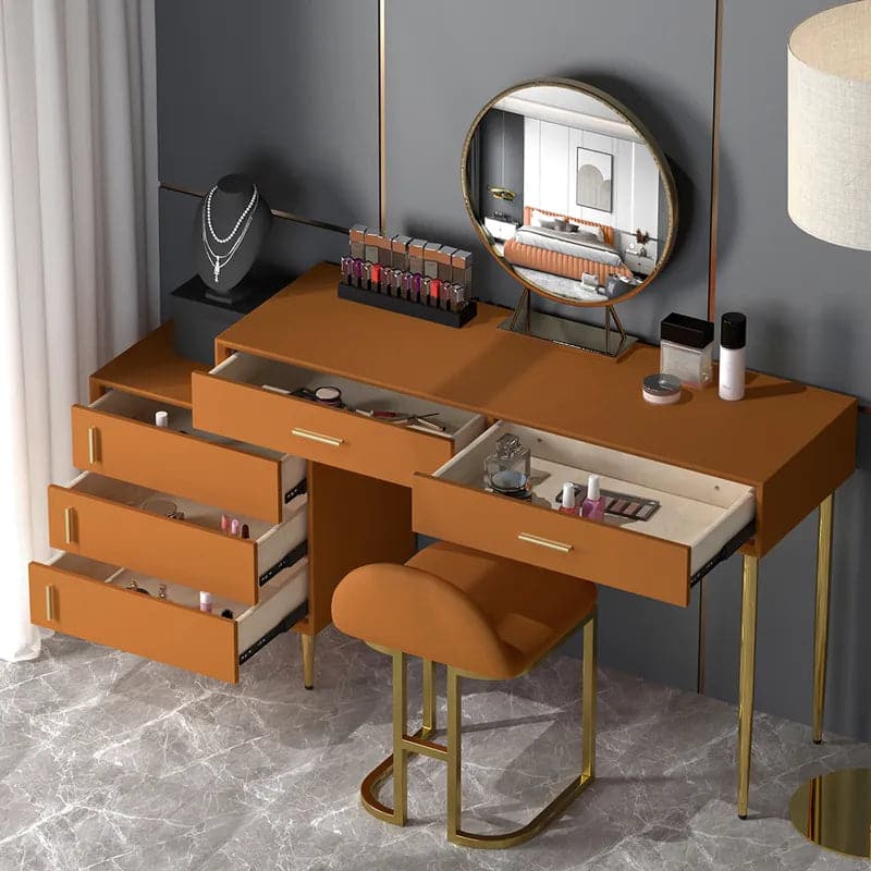 Modern Orange Makeup Vanity Set Retracted Dressing Table Cabinet Stool and Mirror Included#Orange