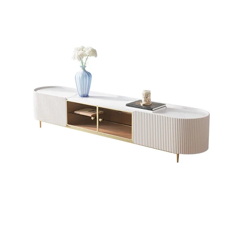 Meuble TV ovale moderne avec rangement et portes vitrées en blanc pour téléviseur jusqu'à 85 pouces