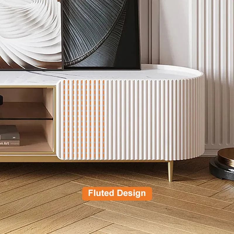 Meuble TV ovale moderne avec rangement et portes vitrées en blanc pour téléviseur jusqu'à 85 pouces