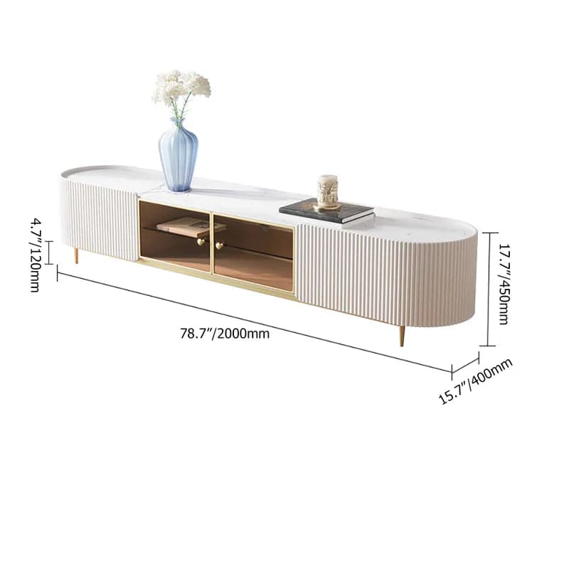 Meuble TV ovale moderne avec rangement et portes vitrées en blanc pour téléviseur jusqu'à 85 pouces
