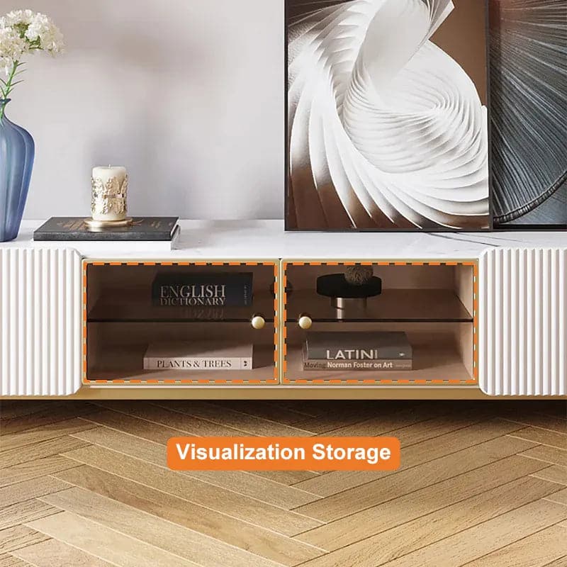 Meuble TV ovale moderne avec rangement et portes vitrées en blanc pour téléviseur jusqu'à 85 pouces