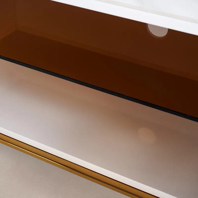 Meuble TV ovale moderne avec rangement et portes vitrées en blanc pour téléviseur jusqu'à 85 pouces