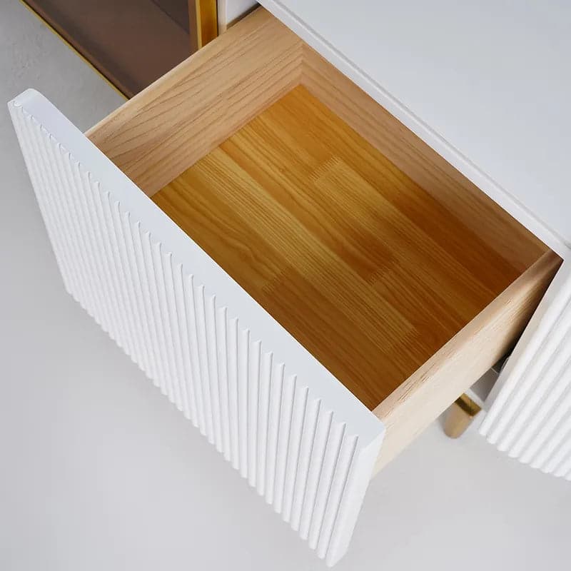 Meuble TV ovale moderne avec rangement et portes vitrées en blanc pour téléviseur jusqu'à 85 pouces