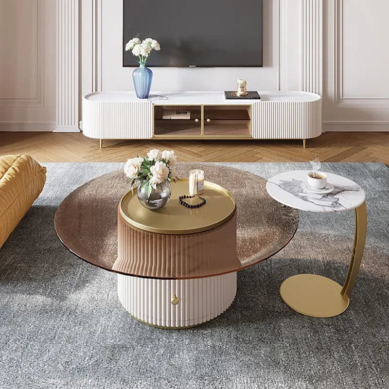 Meuble TV ovale moderne avec rangement et portes vitrées en blanc pour téléviseur jusqu'à 85 pouces