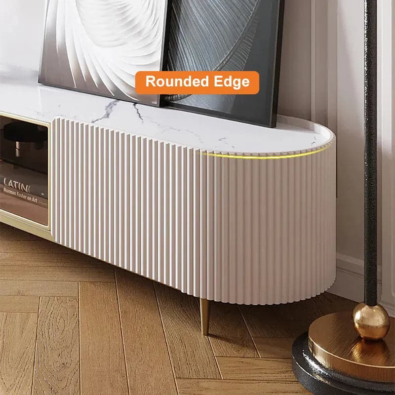 Meuble TV ovale moderne avec rangement et portes vitrées en blanc pour téléviseur jusqu'à 85 pouces