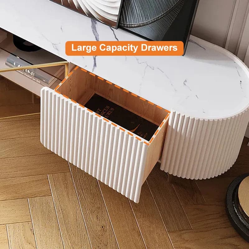 Meuble TV ovale moderne avec rangement et portes vitrées en blanc pour téléviseur jusqu'à 85 pouces