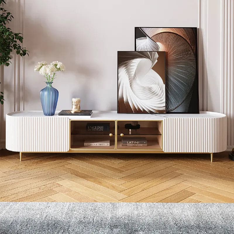 Meuble TV ovale moderne avec rangement et portes vitrées en blanc pour téléviseur jusqu'à 85 pouces