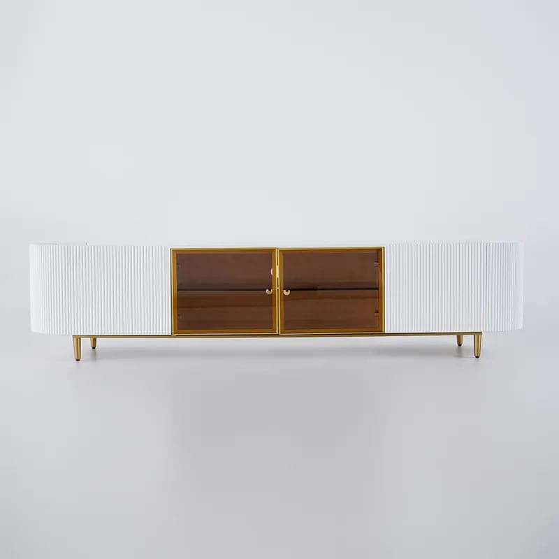 Meuble TV ovale moderne avec rangement et portes vitrées en blanc pour téléviseur jusqu'à 85 pouces