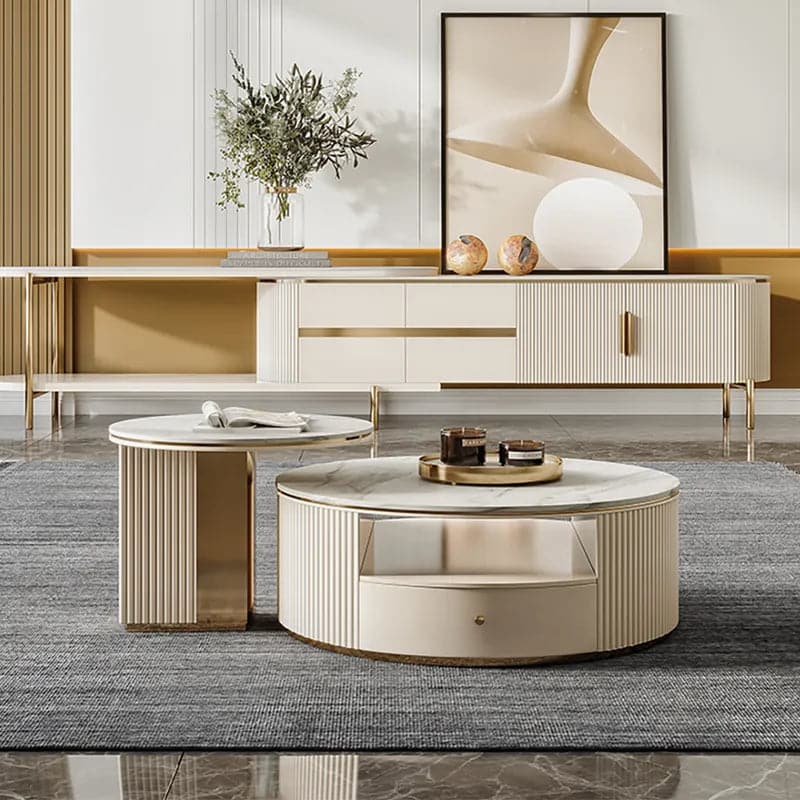 Table basse gigogne ronde moderne avec rangement en pierre frittée blanche, lot de 2 