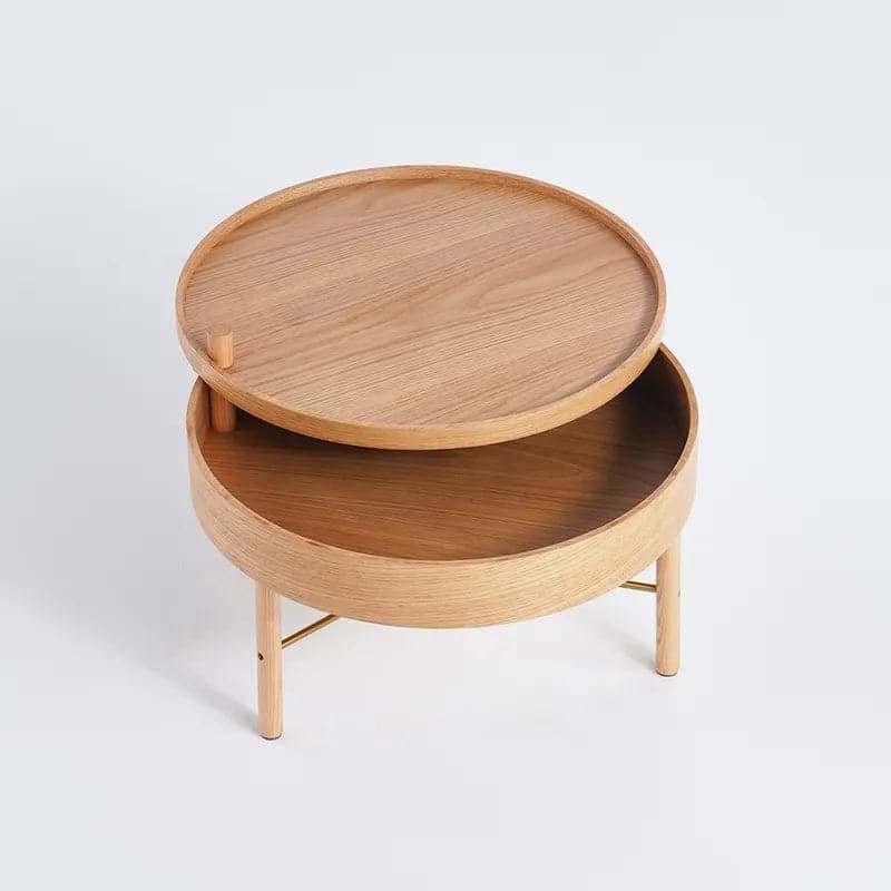 Modern Round Wood Rotating Tray Coffee Table with Storage & Metal Legs in Natural