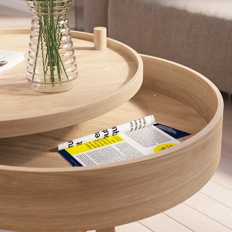 Modern Round Wood Rotating Tray Coffee Table with Storage & Metal Legs in Natural