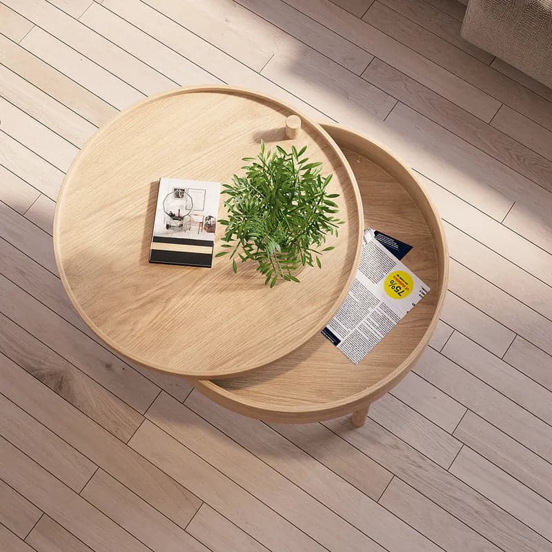 Modern Round Wood Rotating Tray Coffee Table with Storage & Metal Legs in Natural