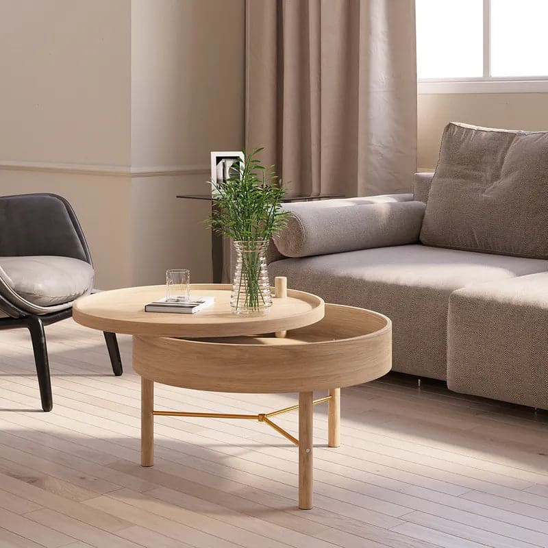 Modern Round Wood Rotating Tray Coffee Table with Storage & Metal Legs in Natural