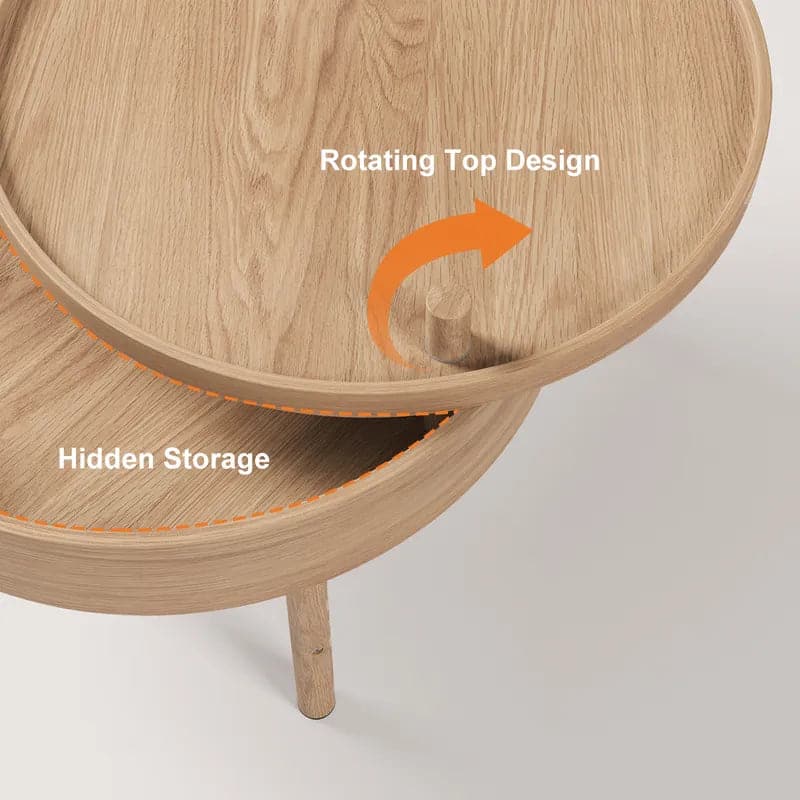 Modern Round Wood Rotating Tray Coffee Table with Storage & Metal Legs in Natural