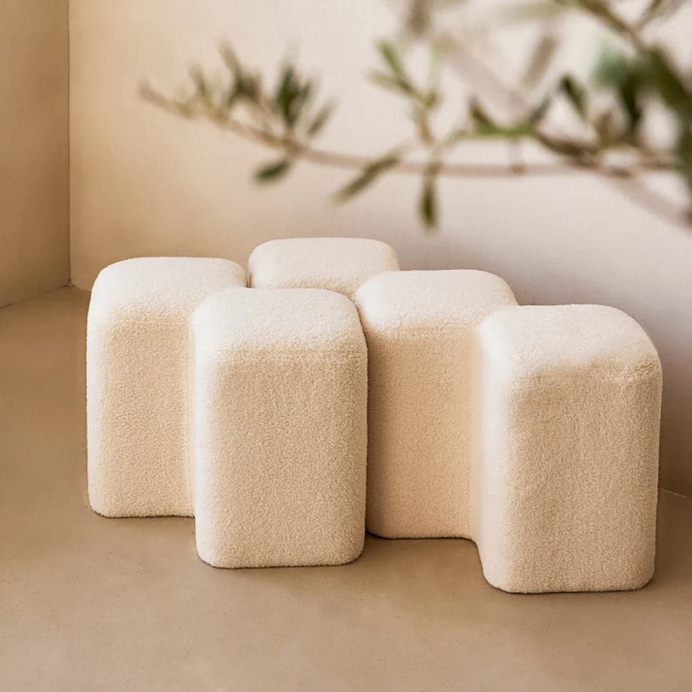 Modern White Entryway Bench Boucle Upholstered Molecule Ottoman Wooden Frame