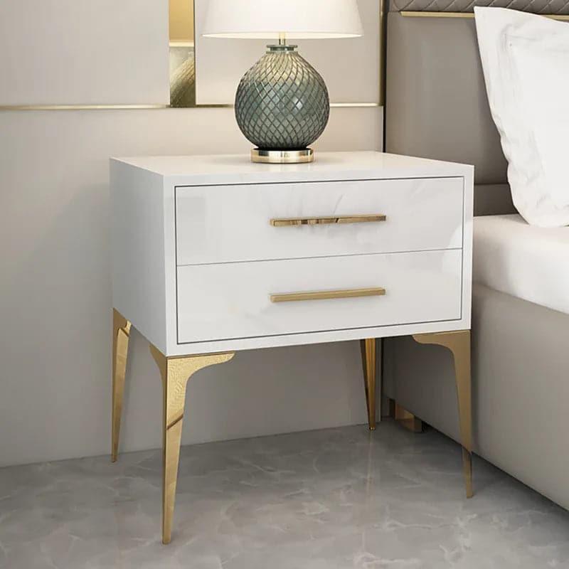 Modern White Nightstand Glossy 2-Drawer Classic Bedside Cabinet High Legs