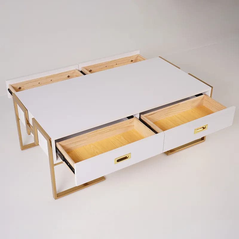Modern White Rectangular Coffee Table with Drawers Lacquer Gold Base#White