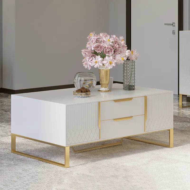 Modern White Rectangular Coffee Table with Storage of Drawers and Doors in Gold#White
