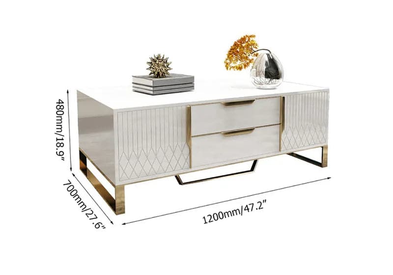 Modern White Rectangular Coffee Table with Storage of Drawers and Doors in Gold#White