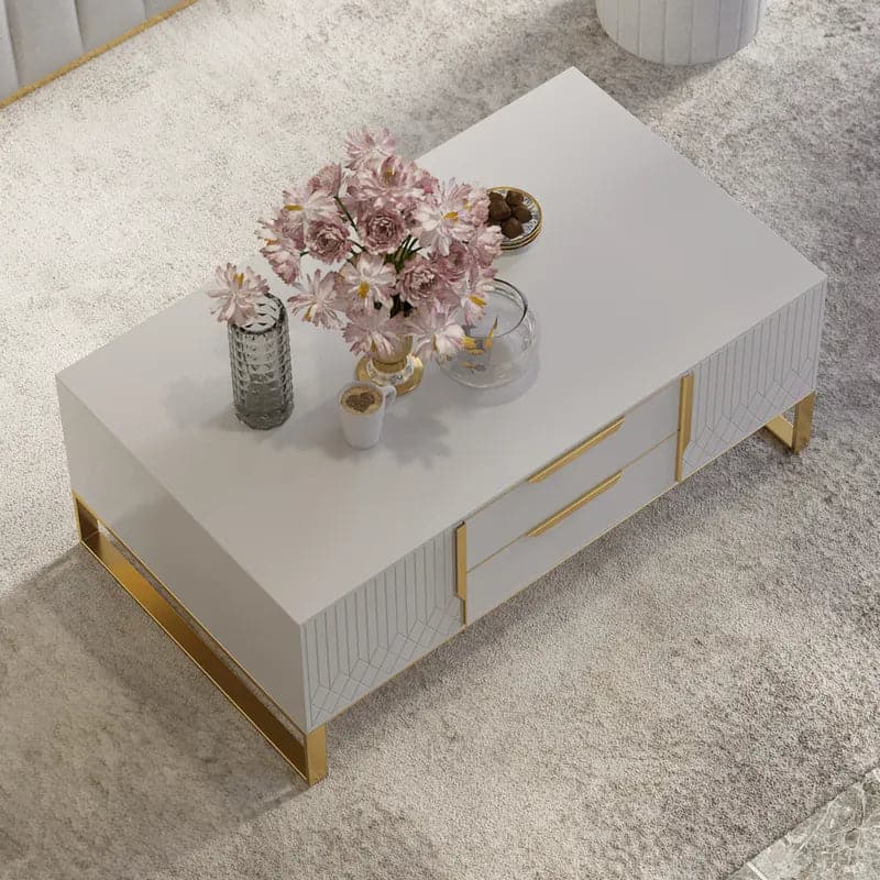 Modern White Rectangular Coffee Table with Storage of Drawers and Doors in Gold#White