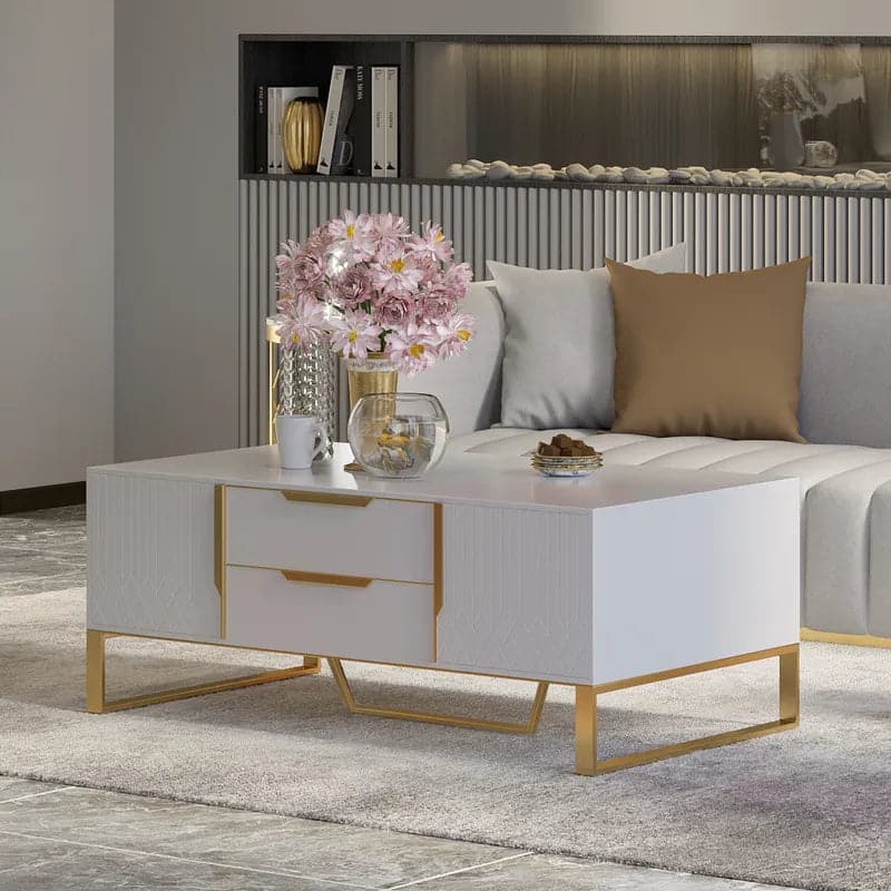 Modern White Rectangular Coffee Table with Storage of Drawers and Doors in Gold#White