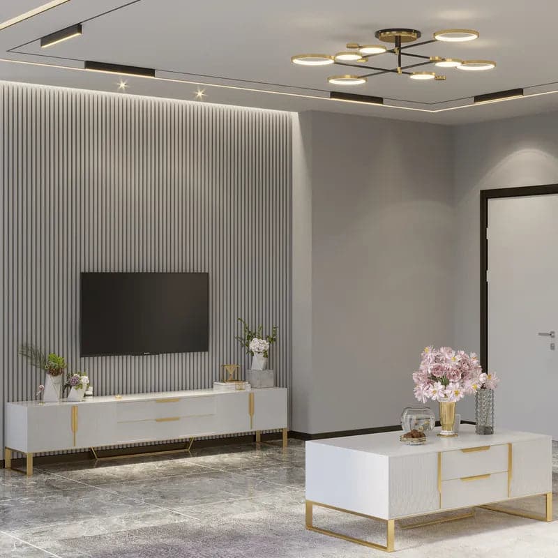 Modern White Rectangular Coffee Table with Storage of Drawers and Doors in Gold#White