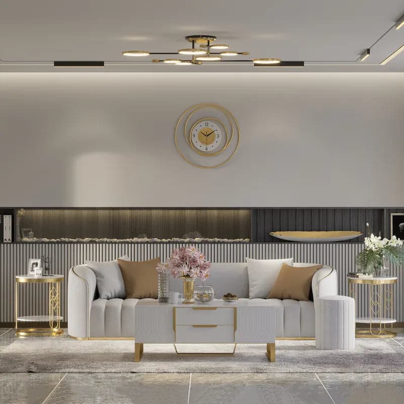 Modern White Rectangular Coffee Table with Storage of Drawers and Doors in Gold#White