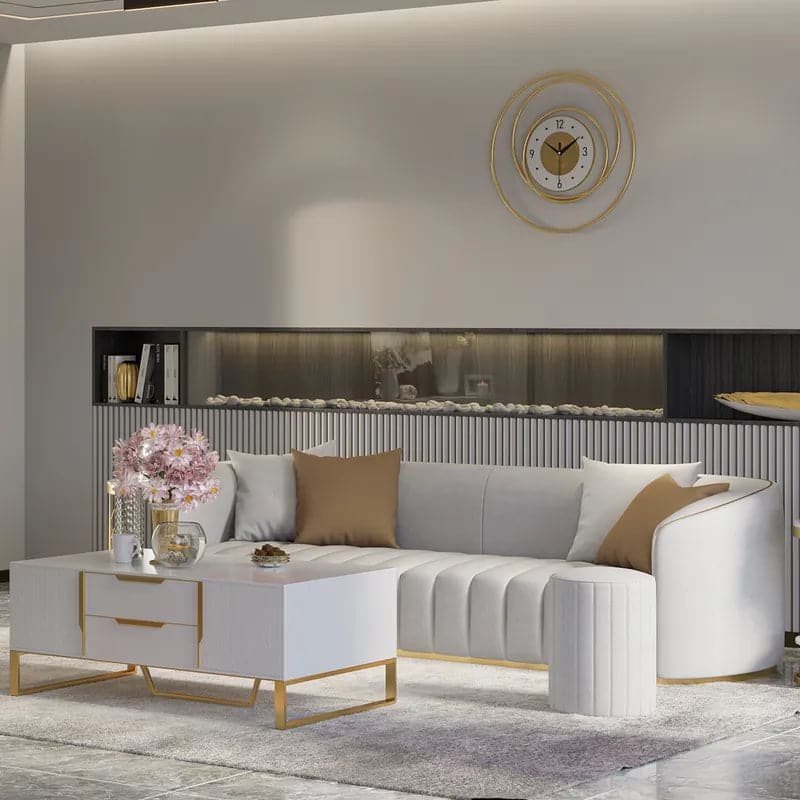 Modern White Rectangular Coffee Table with Storage of Drawers and Doors in Gold#White