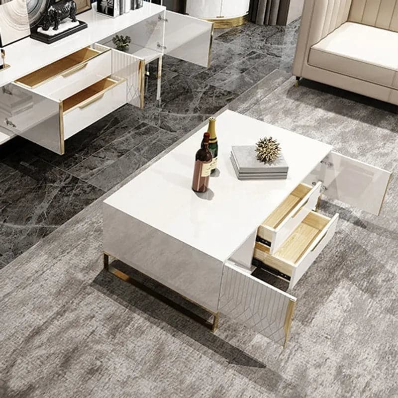 Modern White Rectangular Coffee Table with Storage of Drawers and Doors in Gold#White