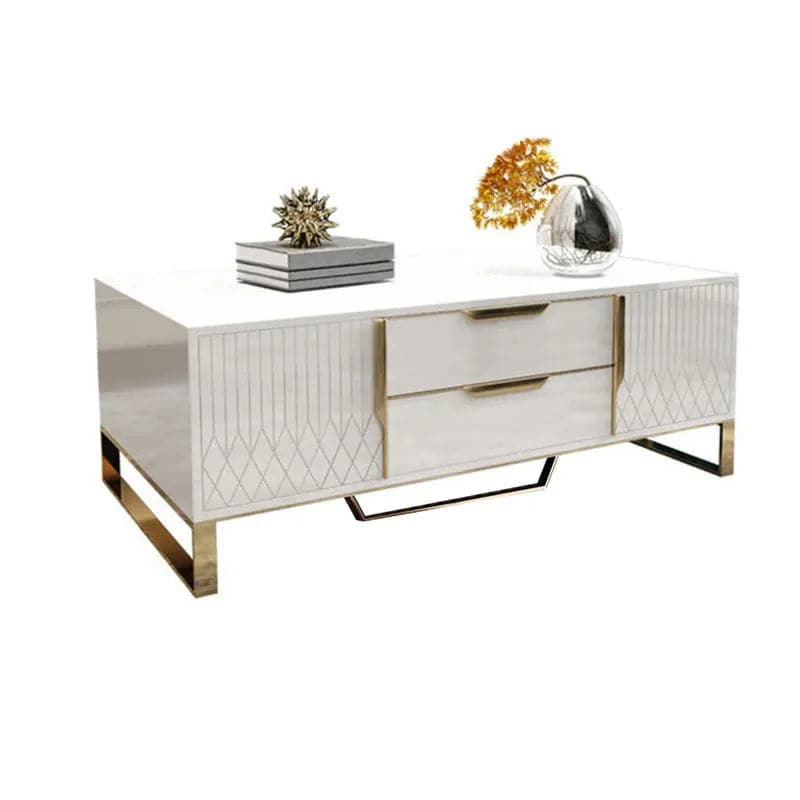 Modern White Rectangular Coffee Table with Storage of Drawers and Doors in Gold#White