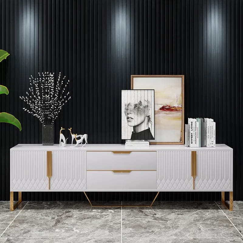 Modern White Wood TV Stand with 2 Drawers and 4 Doors Media Console for 80 Inches TVs#White