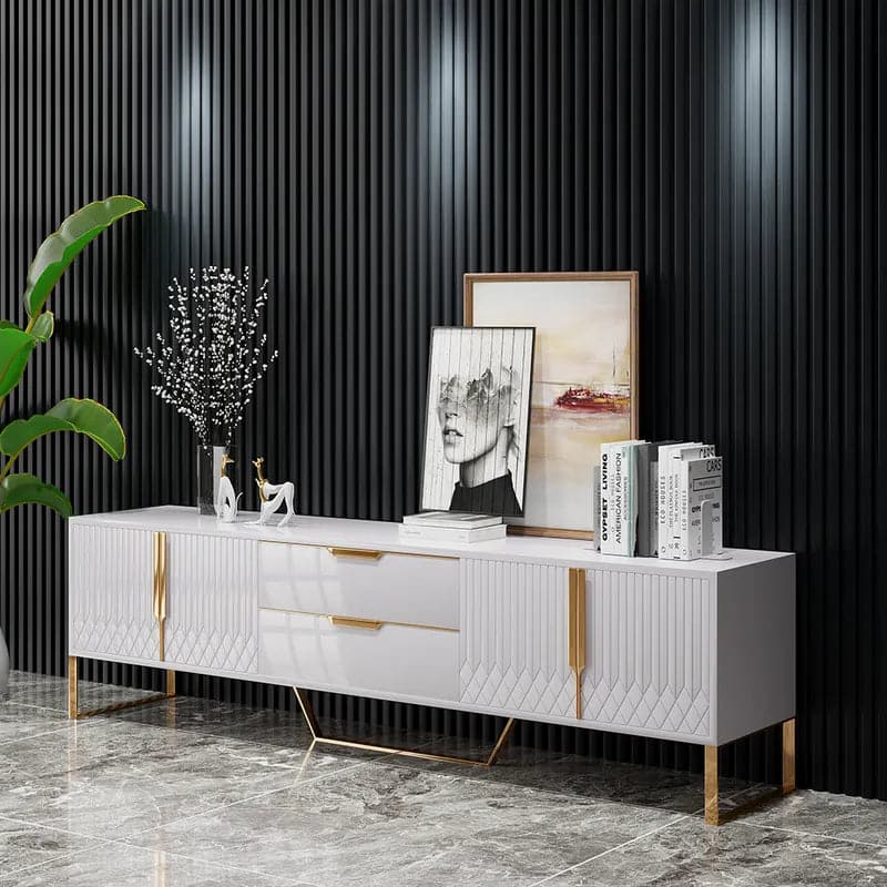 Modern White Wood TV Stand with 2 Drawers and 4 Doors Media Console for 80 Inches TVs#White