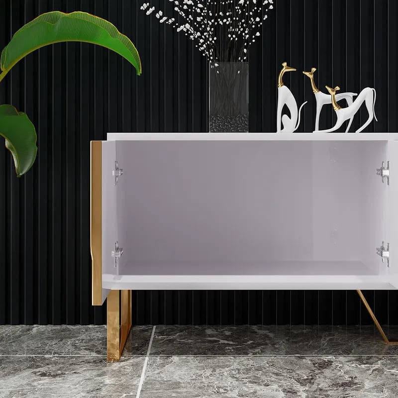 Modern White & Black Wood TV Stand with 2 Drawers & 4 Doors Media Console for 80" TV