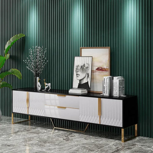 Modern White & Black Wood TV Stand with 2 Drawers & 4 Doors Media Console for 80