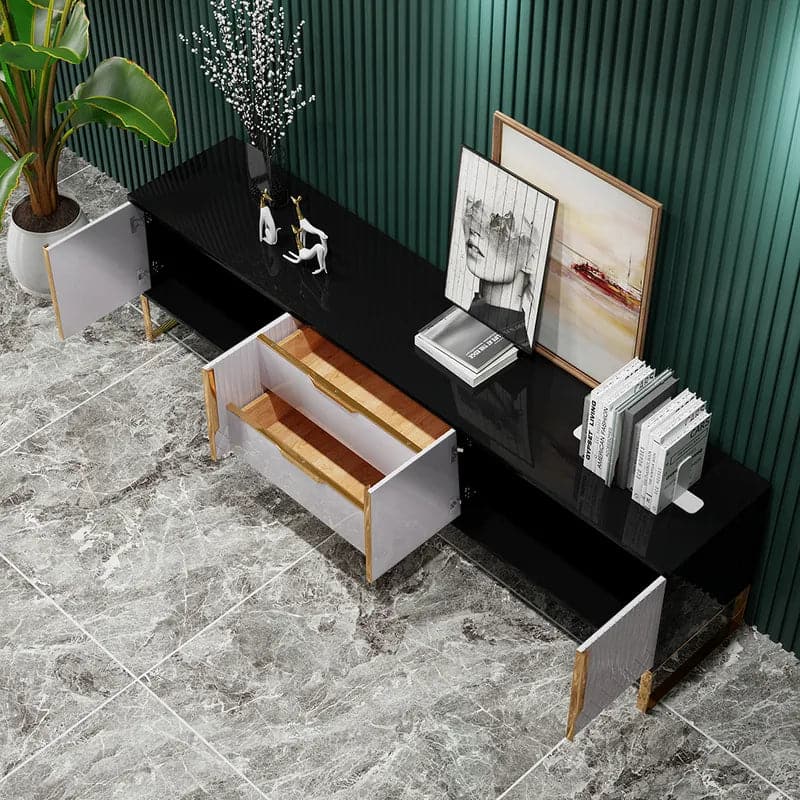 Modern White and Black Wood TV Stand with 2 Drawers and 4 Doors Media Console for 80 Inches TV#White & Black