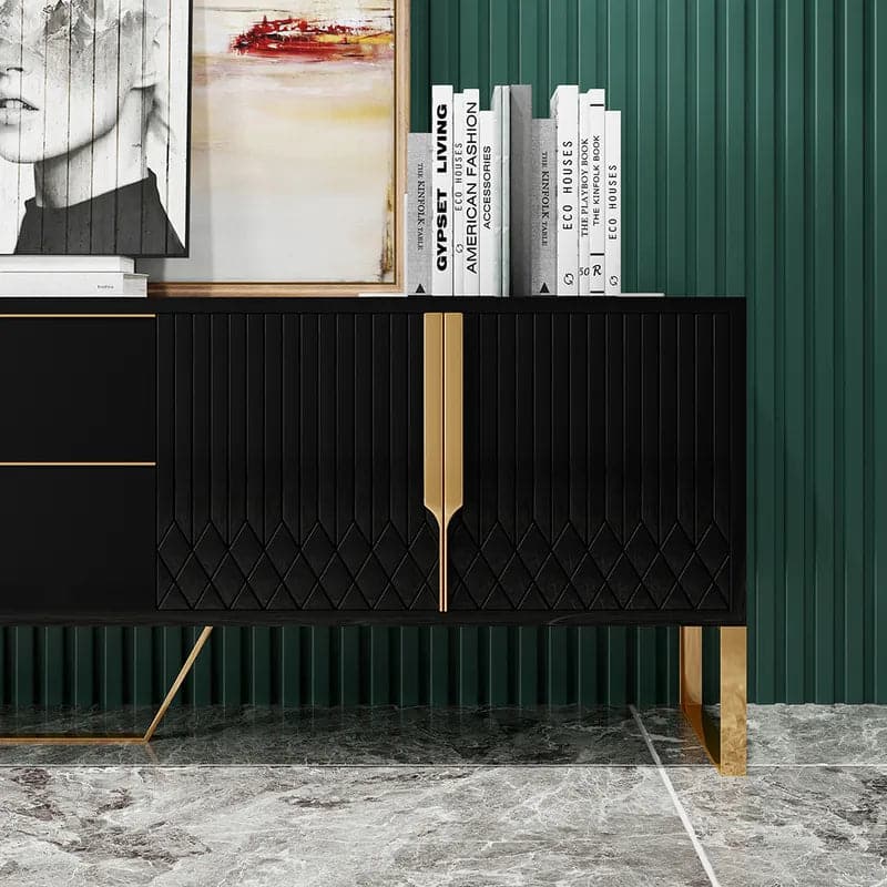 Modern Black Wood TV Stand with 2 Drawers and 4 Doors Media Console for TVs Up to 80 Inches#Black