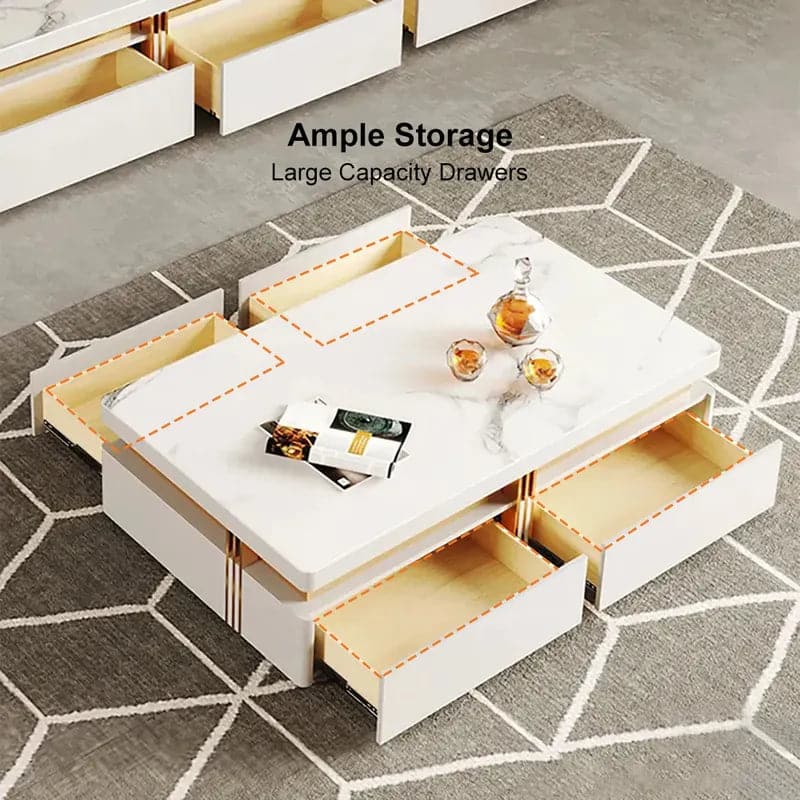 Table basse moderne en bois avec rangement en blanc Table centrale base en acier inoxydable