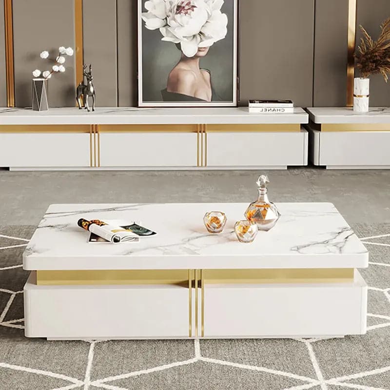 Table basse moderne en bois avec rangement en blanc Table centrale base en acier inoxydable