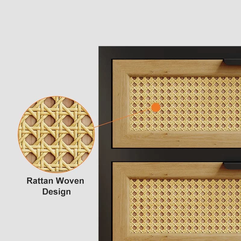 Table de chevet moderne en bois et rotin avec 2 tiroirs de rangement pour chambre à coucher