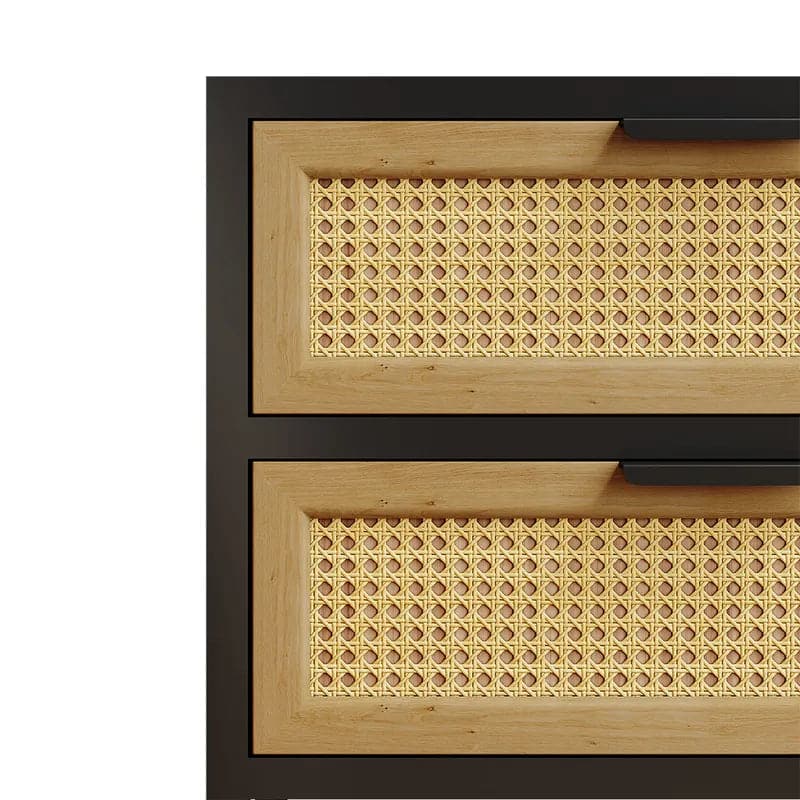 Table de chevet moderne en bois et rotin avec 2 tiroirs de rangement pour chambre à coucher