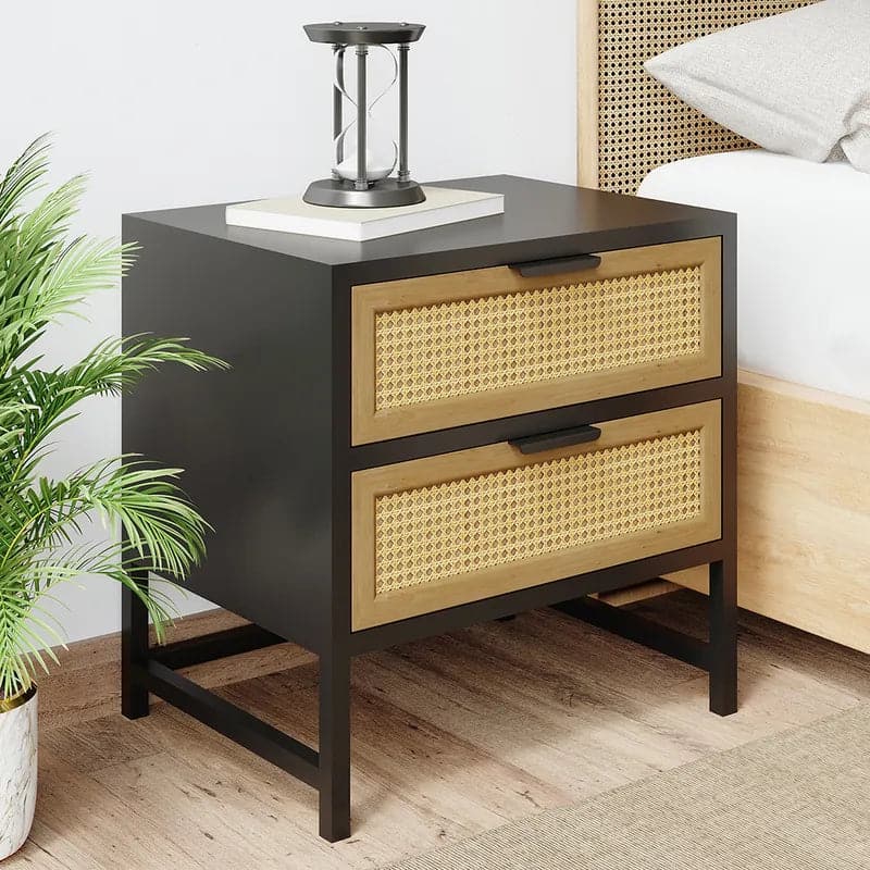 Table de chevet moderne en bois et rotin avec 2 tiroirs de rangement pour chambre à coucher