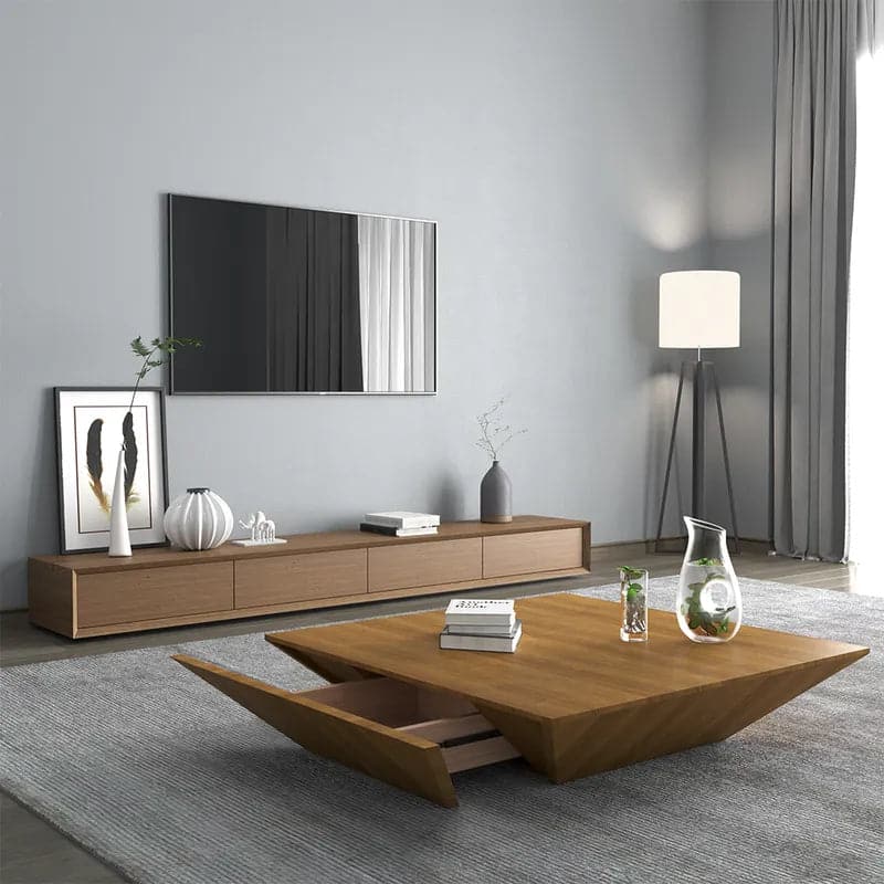 Modern Walnut Rectangular TV Stand Wood Media Console with 4 Drawers for 85 Inches TVs#Walnut