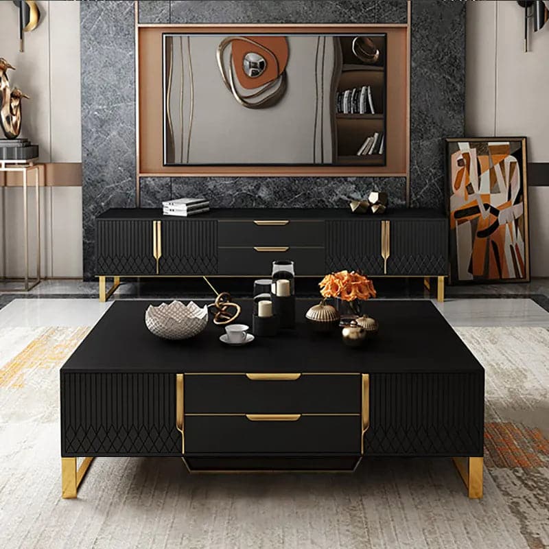 Nordic Rectangular Black Coffee Table with Storage of Drawers and Doors in Gold#Black
