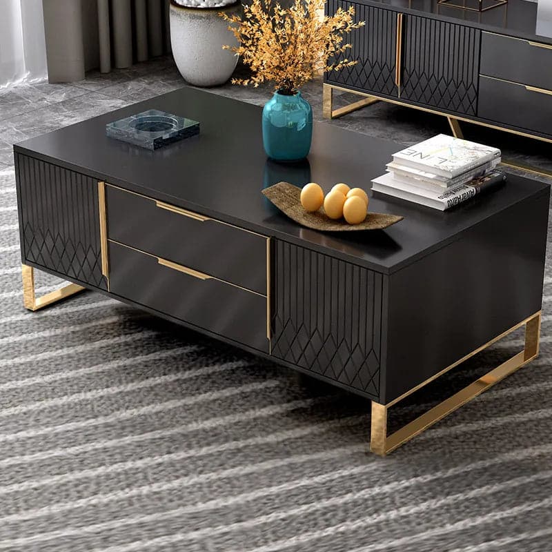 Nordic Rectangular Black Coffee Table with Storage of Drawers and Doors in Gold#Black