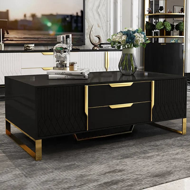 Nordic Rectangular Black Coffee Table with Storage of Drawers and Doors in Gold#Black