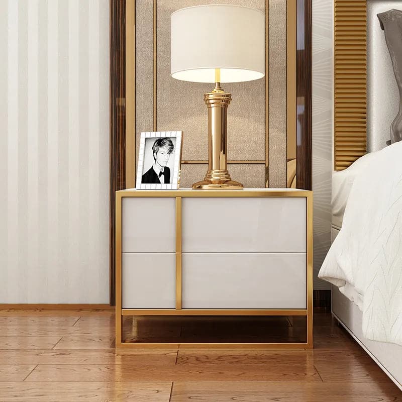 White Lacquer Nightstand with 2 Drawers Stainless Steel in Gold